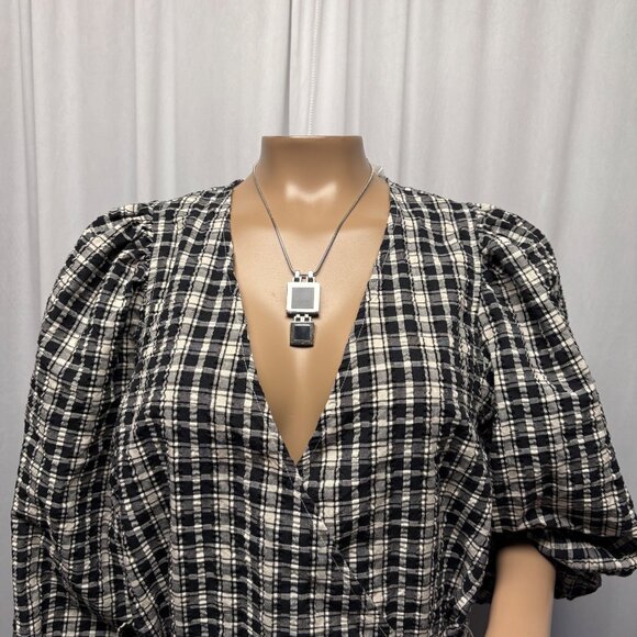 A New Day Plaid Midi Wrap Dress Womens Size Medium Puff Sleeves Belted Casual - Picture 2 of 9